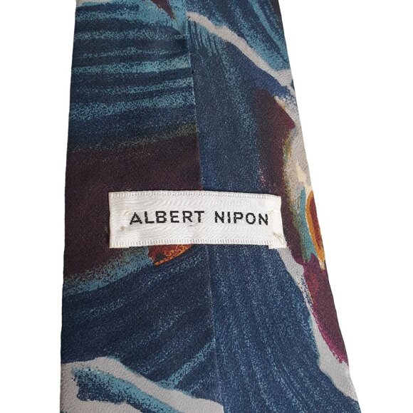 Vintage Albert Nipon Men Silk Tie Abstract Design Blue Maroon Designer Dad Gift - Picture 4 of 5